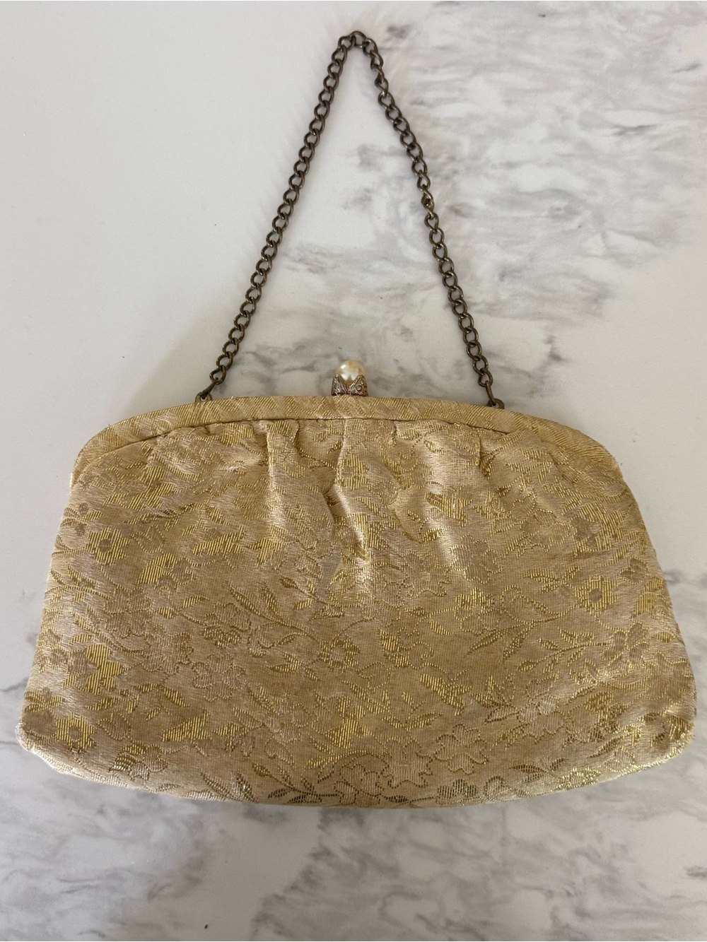 Gold Jacquard Pearl-Clasp Evening Clutch - Picture 5 of 7